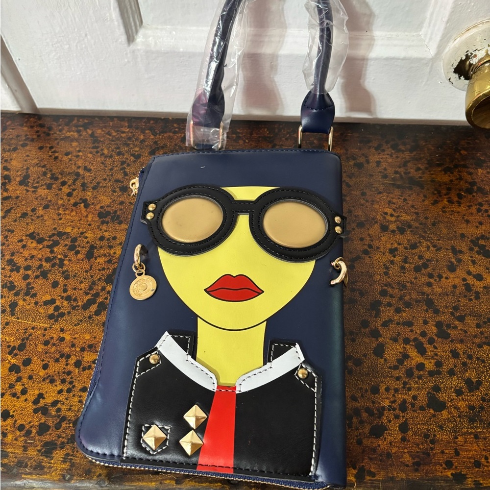 Novelty Navy Women’s Crossbody Bag with Yellow Face Motif